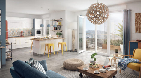 Programme immobilier neuf RIVE GAUCHE - La Trinité : Appartements studio–T3 avec terrasses, cuisine américaine et parking dans un quartier résidentiel proche commodités (06340) - Référence : 11736