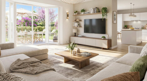 Programme immobilier neuf Le Domaine des Merisiers - Roussillon : Appartements studio–T4 et maisons T4–T5 avec jardins luxuriants, panneaux photovoltaïques et proximité quartier résidentiel (38150) - Référence : 14588