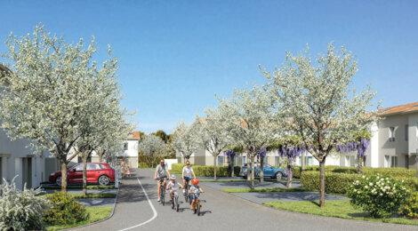 Programme immobilier neuf Le Domaine des Merisiers - Roussillon : Appartements studio–T4 et maisons T4–T5 avec jardins luxuriants, panneaux photovoltaïques et proximité quartier résidentiel (38150) - Référence : 14588