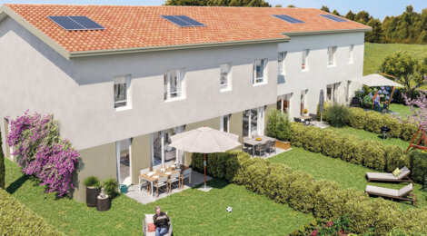 Programme immobilier neuf Le Domaine des Merisiers - Roussillon : Appartements studio–T4 et maisons T4–T5 avec jardins luxuriants, panneaux photovoltaïques et proximité quartier résidentiel (38150) - Référence : 14588