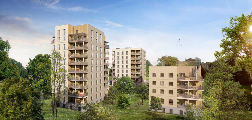 Programme immobilier neuf Coeur Boisé - Nantes : Appartements studio–T6 avec terrasses, RT2012 et matériaux biosourcés dans le quartier Erdre Porterie (44000) - Référence : 14266