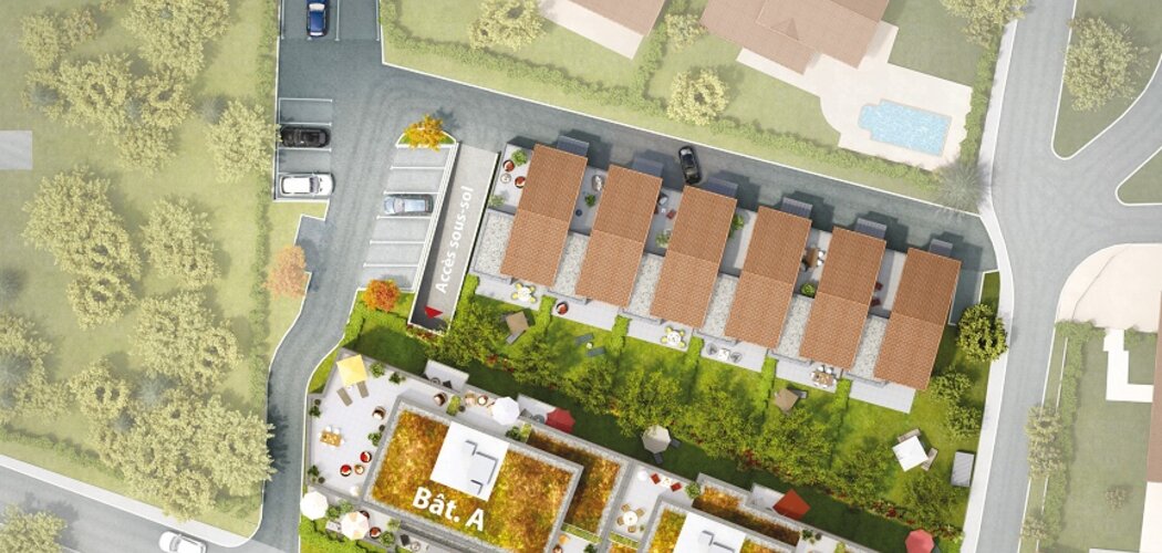 Programme immobilier neuf BLEU HORIZON - Pollionnay : 21 appartements T2–T4 et 6 maisons T5 avec balcons, terrasses et jardins dans un cadre champêtre (69290) - Référence : 352