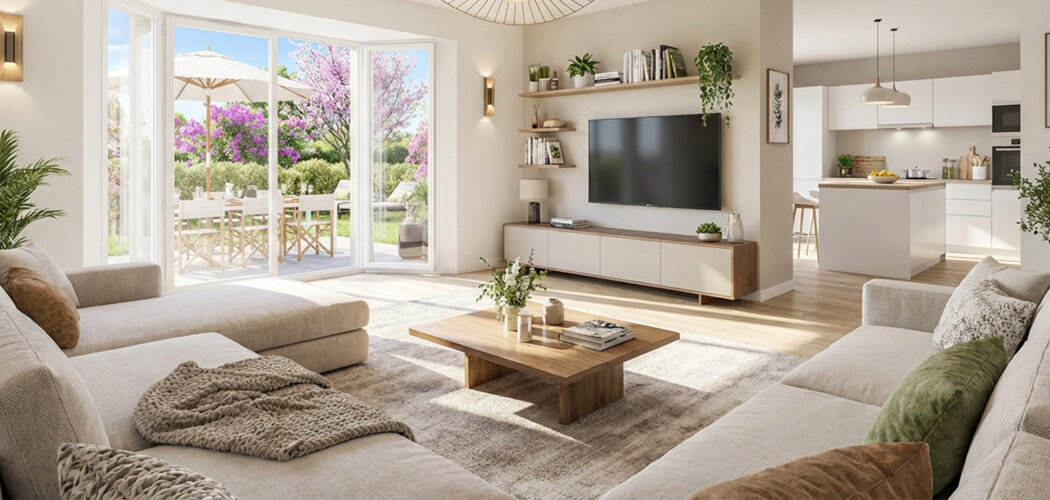 Programme immobilier neuf Le Domaine des Merisiers - Roussillon : Appartements studio–T4 et maisons T4–T5 avec jardins luxuriants, panneaux photovoltaïques et proximité quartier résidentiel (38150) - Référence : 14588