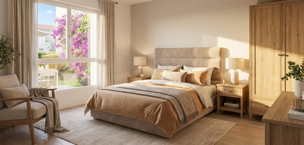 Programme immobilier neuf Le Domaine des Merisiers - Roussillon : Appartements studio–T4 et maisons T4–T5 avec jardins luxuriants, panneaux photovoltaïques et proximité quartier résidentiel (38150) - Référence : 14588