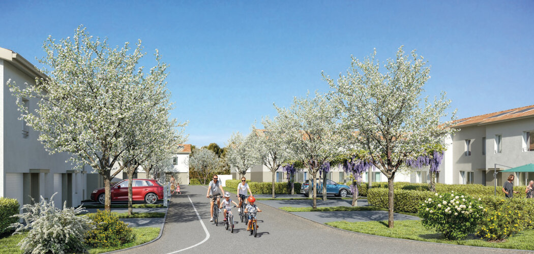Programme immobilier neuf Le Domaine des Merisiers - Roussillon : Appartements studio–T4 et maisons T4–T5 avec jardins luxuriants, panneaux photovoltaïques et proximité quartier résidentiel (38150) - Référence : 14588