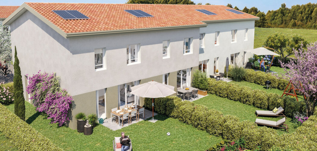 Programme immobilier neuf Le Domaine des Merisiers - Roussillon : Appartements studio–T4 et maisons T4–T5 avec jardins luxuriants, panneaux photovoltaïques et proximité quartier résidentiel (38150) - Référence : 14588